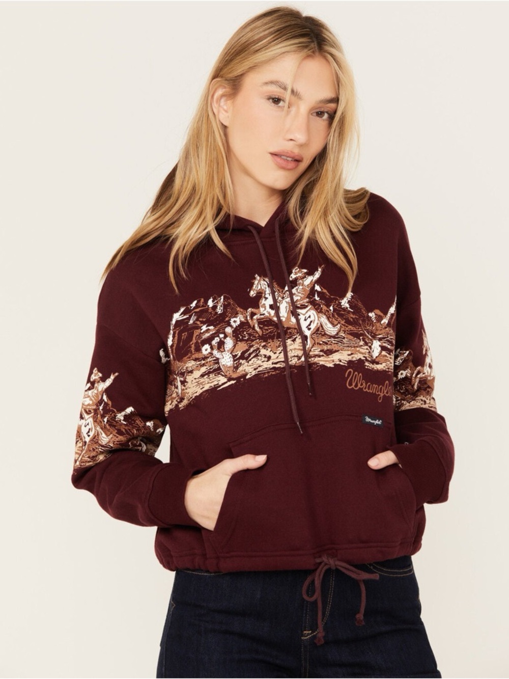 Wrangler Scenic Horse Print Cropped Hoodie Cinch Hem Burgundy XXL